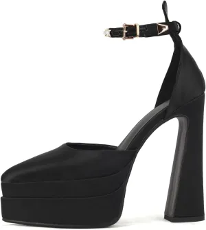 Arqa Women's Platform Heel Pumps Rhinestone Ankle Strap Pointed Toe High Heels Satin Silk Platforms Dress Wedding Shoes