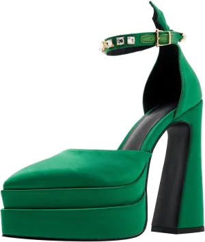 Arqa Women's Platform Heel Pumps Rhinestone Ankle Strap Pointed Toe High Heels Satin Silk Platforms Dress Wedding Shoes
