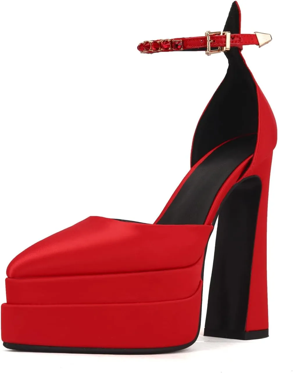 Arqa Women's Platform Heel Pumps Rhinestone Ankle Strap Pointed Toe High Heels Satin Silk Platforms Dress Wedding Shoes