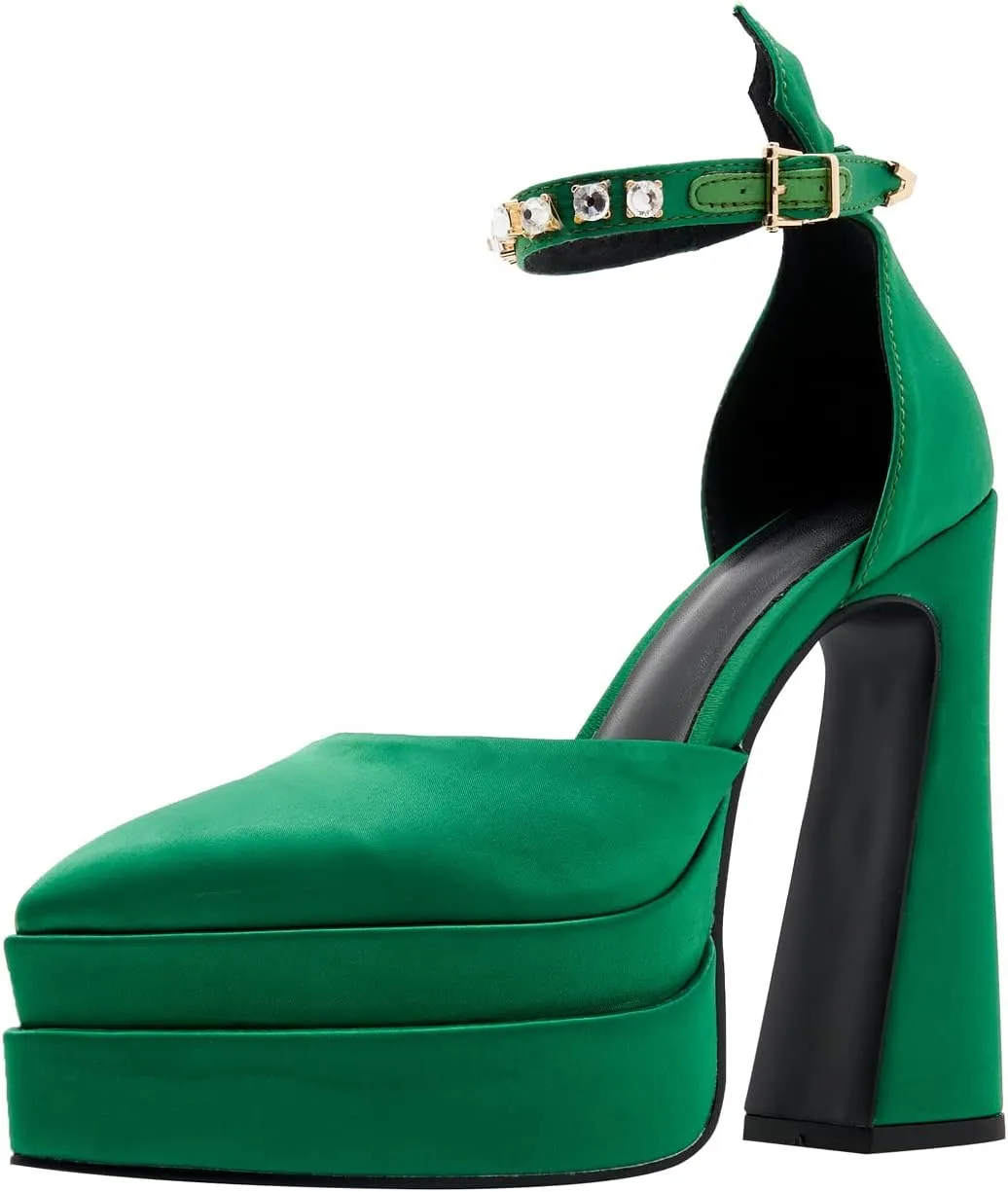 Arqa Women's Platform Heel Pumps Rhinestone Ankle Strap Pointed Toe High Heels Satin Silk Platforms Dress Wedding Shoes
