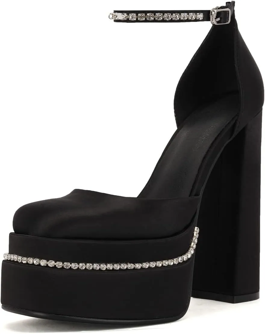 Arqa Women's Pumps Rhinestones Ankle Strap Platforms Silk Square Toe High Heels Chunky Heel Wedding Dress Mary Jane Shoes