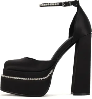 Arqa Women's Pumps Rhinestones Ankle Strap Platforms Silk Square Toe High Heels Chunky Heel Wedding Dress Mary Jane Shoes