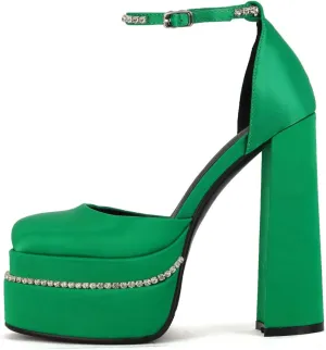 Arqa Women's Pumps Rhinestones Ankle Strap Platforms Silk Square Toe High Heels Chunky Heel Wedding Dress Mary Jane Shoes