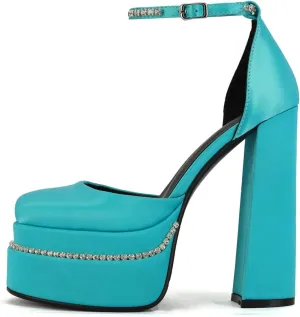 Arqa Women's Pumps Rhinestones Ankle Strap Platforms Silk Square Toe High Heels Chunky Heel Wedding Dress Mary Jane Shoes