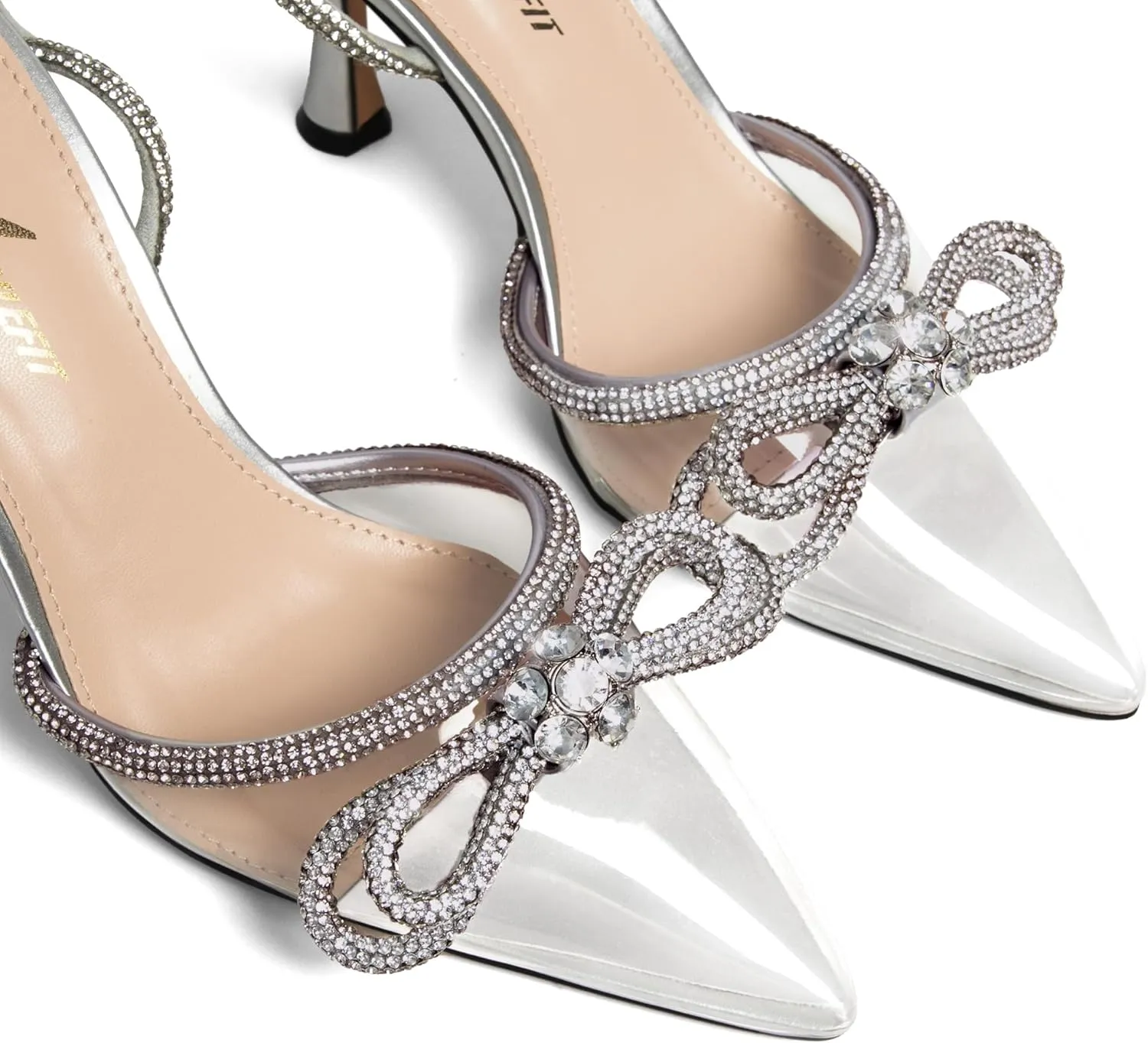 Athlefit Women's Rhinestone Bow Heels Ankle Strap Pointed Toe Stiletto Heeled Sandals Wedding Bridal Dress Pumps Shoes