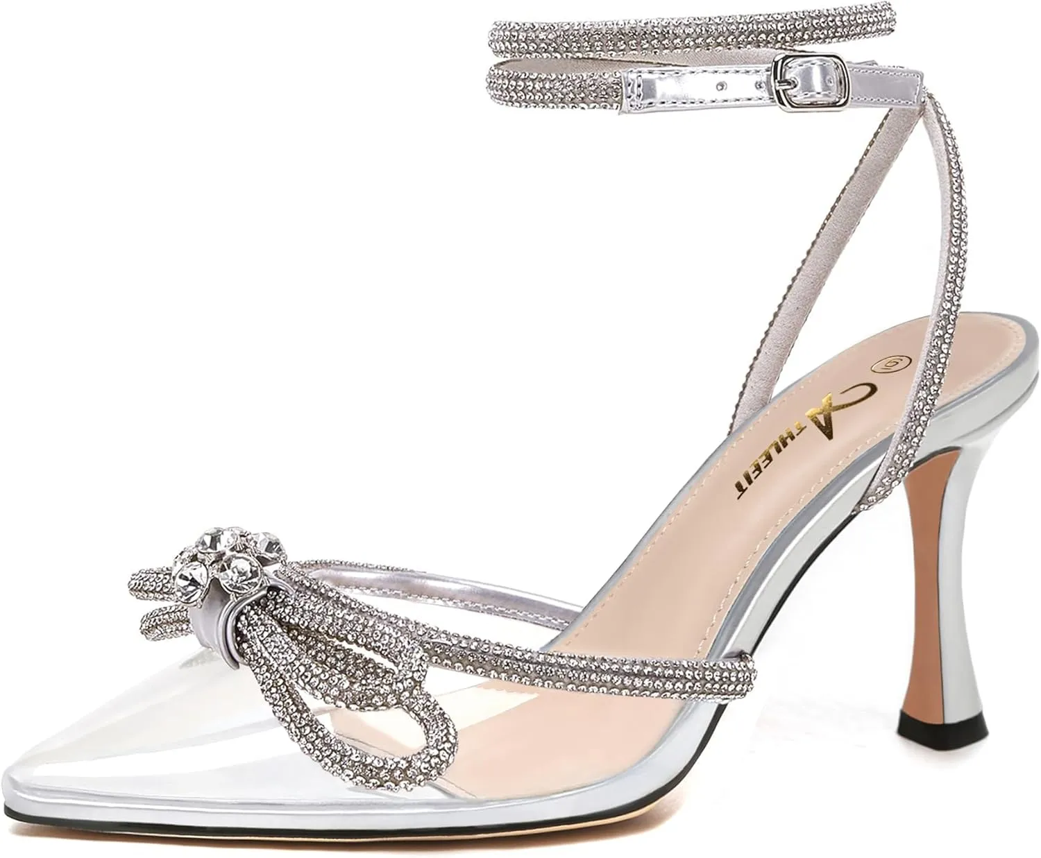Athlefit Women's Rhinestone Bow Heels Ankle Strap Pointed Toe Stiletto Heeled Sandals Wedding Bridal Dress Pumps Shoes