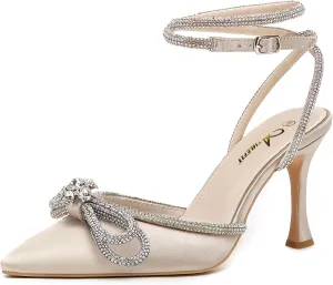 Athlefit Women's Rhinestone Bow Heels Ankle Strap Pointed Toe Stiletto Heeled Sandals Wedding Bridal Dress Pumps Shoes