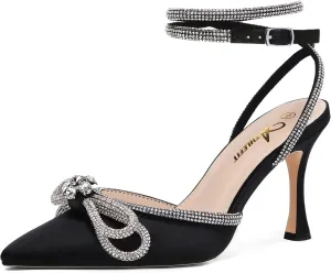 Athlefit Women's Rhinestone Bow Heels Ankle Strap Pointed Toe Stiletto Heeled Sandals Wedding Bridal Dress Pumps Shoes