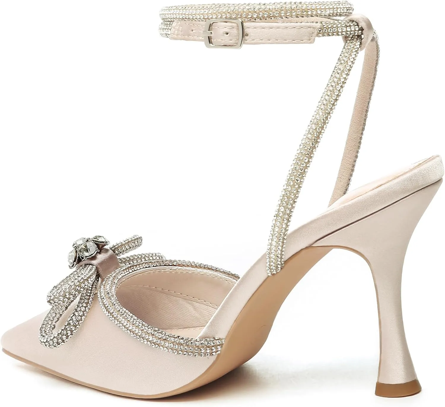 Athlefit Women's Rhinestone Bow Heels Ankle Strap Pointed Toe Stiletto Heeled Sandals Wedding Bridal Dress Pumps Shoes