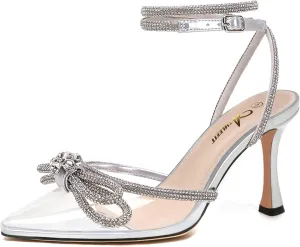 Athlefit Women's Rhinestone Bow Heels Ankle Strap Pointed Toe Stiletto Heeled Sandals Wedding Bridal Dress Pumps Shoes