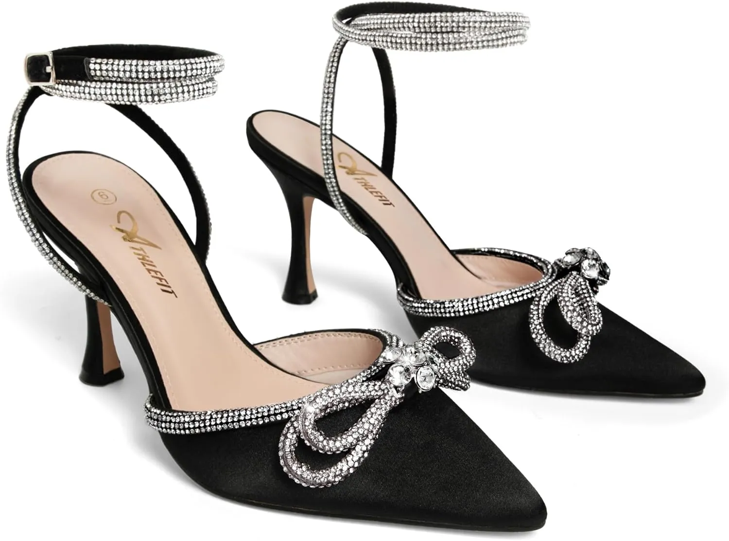 Athlefit Women's Rhinestone Bow Heels Ankle Strap Pointed Toe Stiletto Heeled Sandals Wedding Bridal Dress Pumps Shoes