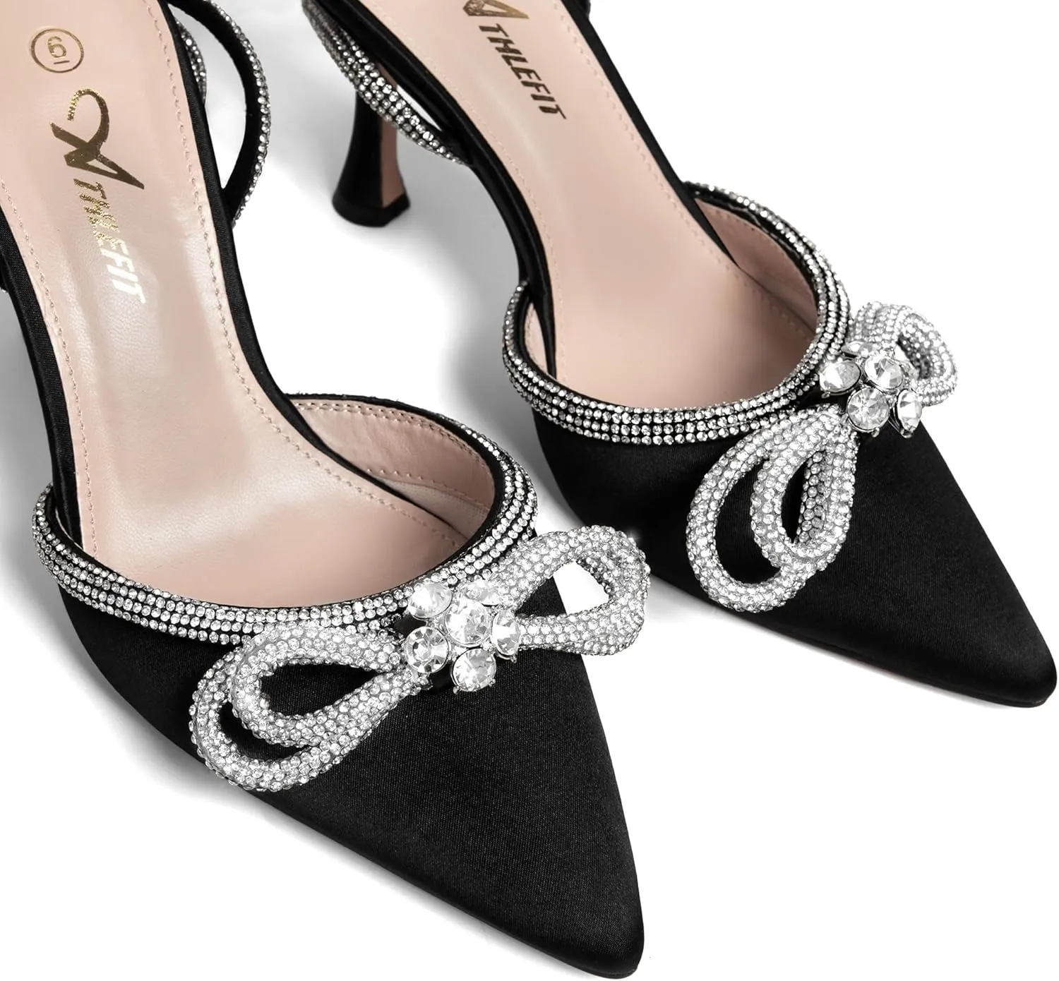 Athlefit Women's Rhinestone Bow Heels Ankle Strap Pointed Toe Stiletto Heeled Sandals Wedding Bridal Dress Pumps Shoes
