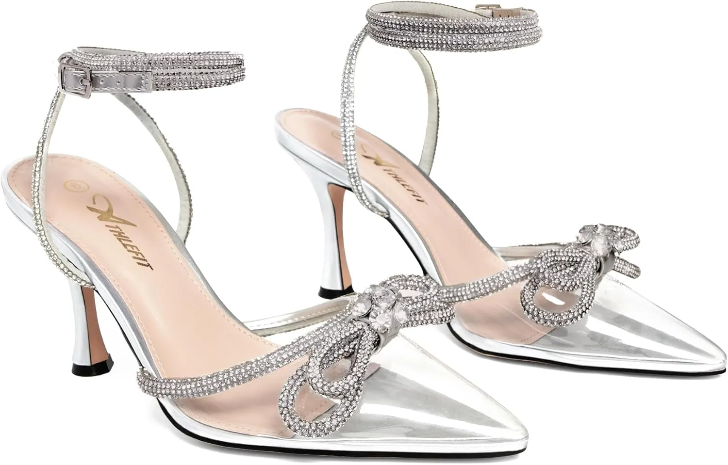Athlefit Women's Rhinestone Bow Heels Ankle Strap Pointed Toe Stiletto Heeled Sandals Wedding Bridal Dress Pumps Shoes