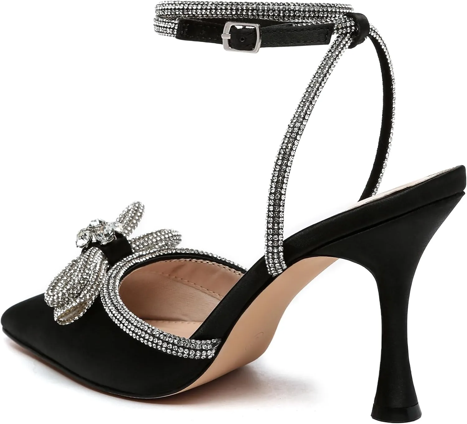 Athlefit Women's Rhinestone Bow Heels Ankle Strap Pointed Toe Stiletto Heeled Sandals Wedding Bridal Dress Pumps Shoes