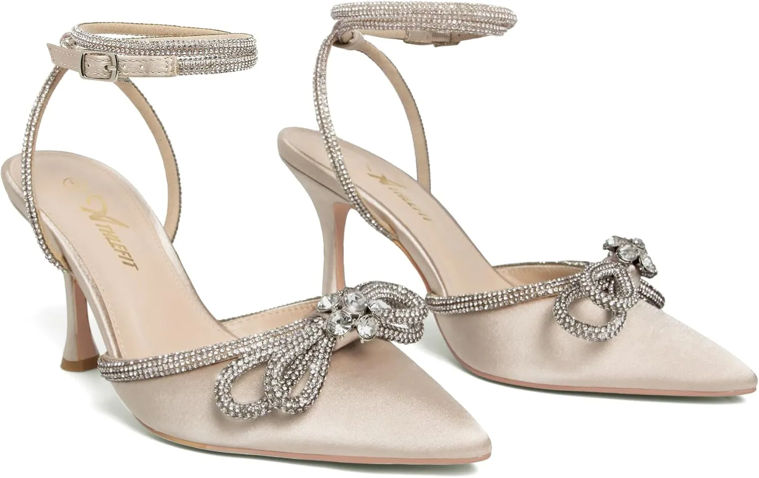 Athlefit Women's Rhinestone Bow Heels Ankle Strap Pointed Toe Stiletto Heeled Sandals Wedding Bridal Dress Pumps Shoes