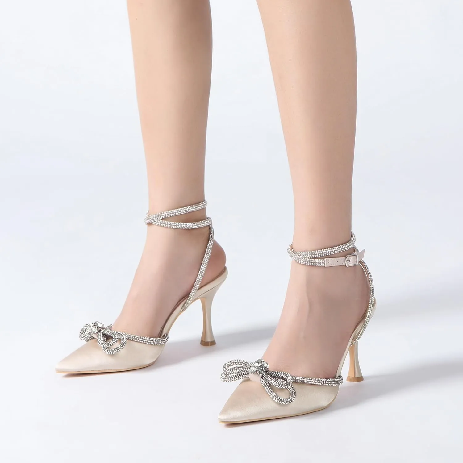 Athlefit Women's Rhinestone Bow Heels Ankle Strap Pointed Toe Stiletto Heeled Sandals Wedding Bridal Dress Pumps Shoes