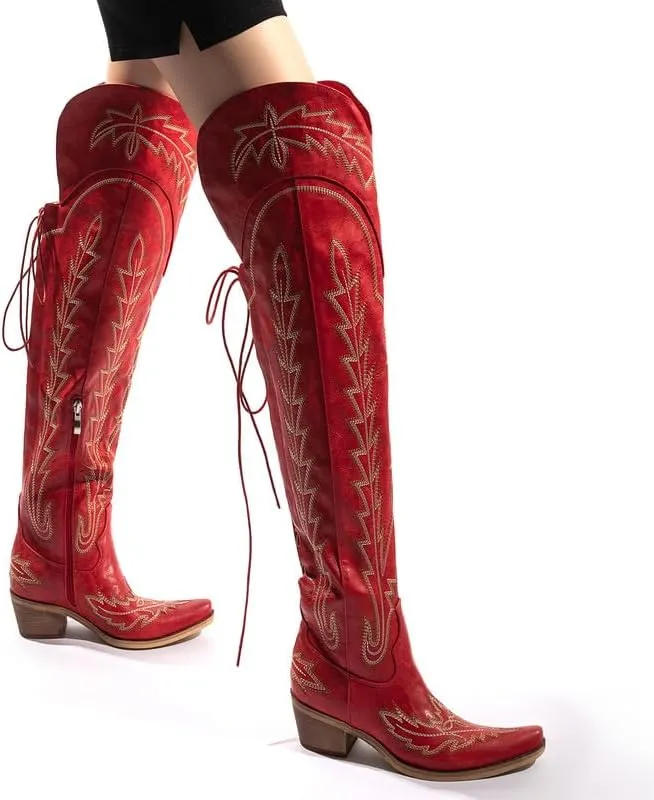 Atuelang Cowboy Boots for Women Thigh High Cowgirl Boots Wide Calf Western Embroidered Over The Knee Boots