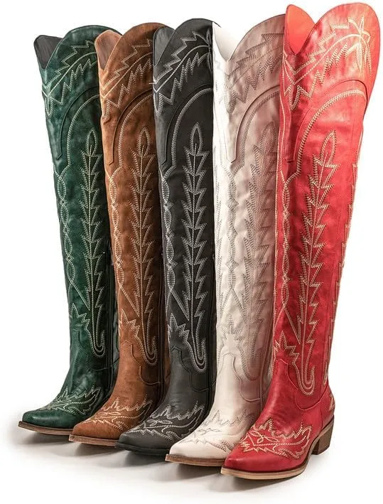 Atuelang Cowboy Boots for Women Thigh High Cowgirl Boots Wide Calf Western Embroidered Over The Knee Boots