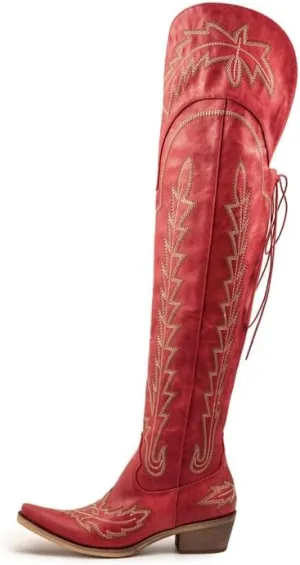Atuelang Cowboy Boots for Women Thigh High Cowgirl Boots Wide Calf Western Embroidered Over The Knee Boots