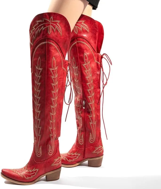 Atuelang Cowboy Boots for Women Thigh High Cowgirl Boots Wide Calf Western Embroidered Over The Knee Boots