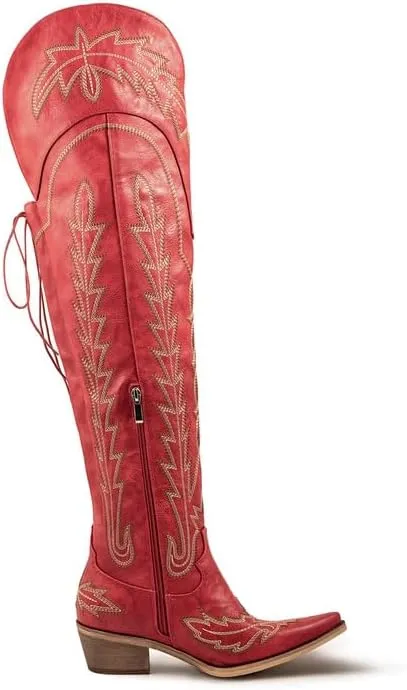Atuelang Cowboy Boots for Women Thigh High Cowgirl Boots Wide Calf Western Embroidered Over The Knee Boots