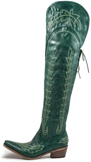 Atuelang Cowboy Boots for Women Thigh High Cowgirl Boots Wide Calf Western Embroidered Over The Knee Boots