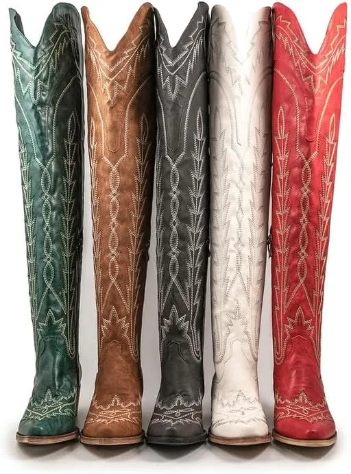 Atuelang Cowboy Boots for Women Thigh High Cowgirl Boots Wide Calf Western Embroidered Over The Knee Boots