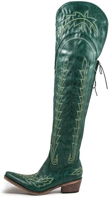 Atuelang Cowboy Boots for Women Thigh High Cowgirl Boots Wide Calf Western Embroidered Over The Knee Boots