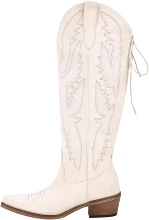 Atuelang Western Cowboy Boots for Women Knee High Wide Calf Lace Up Embroidered Cowgirl Boots