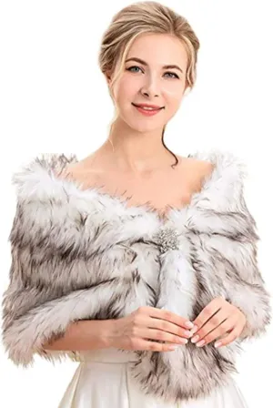 Aukmla Women's Wedding Fur Wraps and Shawls Bridal Fur Stoles Scarf with Rhinestones Brooch for Bride and Bridesmaids
