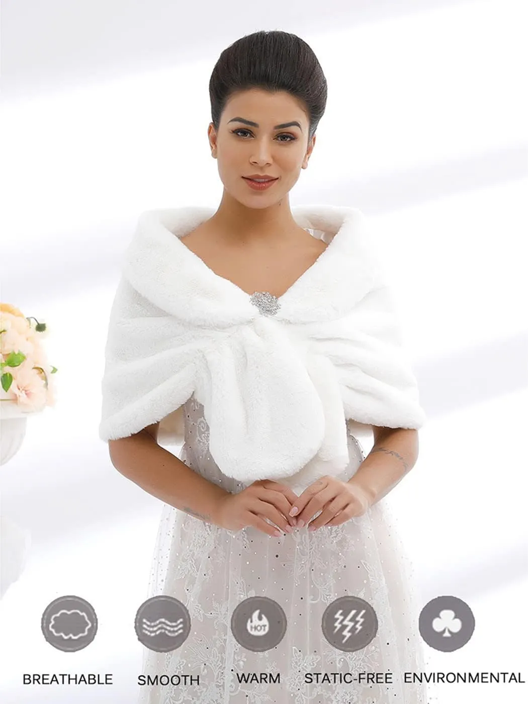 Aukmla Women's Wedding Fur Wraps and Shawls Bridal Fur Stoles Scarf with Rhinestones Brooch for Bride and Bridesmaids