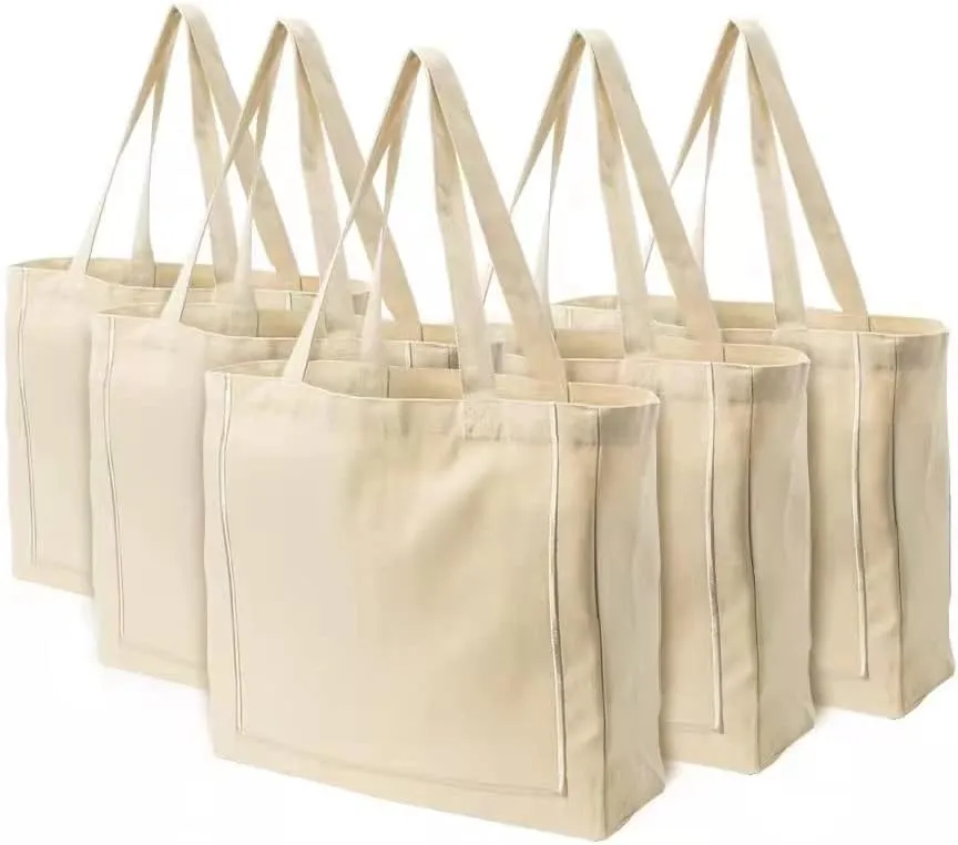 Azuca Reusable Grocery Shopping Cloth Bags (5 Pack) Super Strong Large 12oz 100% Cotton Fashionable embroidery Canvas Tote Bag, DIY Your Creative Designs