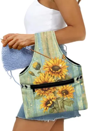 Babrukda Crochet Bag Storage Organizer, Retro Sunflower Plank Print Yarn Bag, Knitting Tote Bag, Craft Kits Bag, Yarn Holder for Crochet Accessories, Handbag for Daily Travel Beach, Small