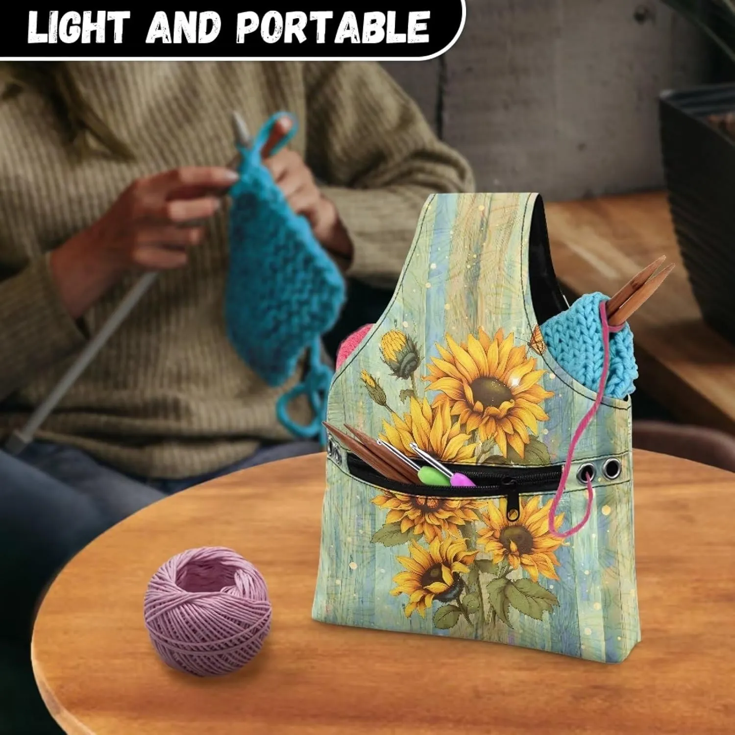 Babrukda Crochet Bag Storage Organizer, Retro Sunflower Plank Print Yarn Bag, Knitting Tote Bag, Craft Kits Bag, Yarn Holder for Crochet Accessories, Handbag for Daily Travel Beach, Small