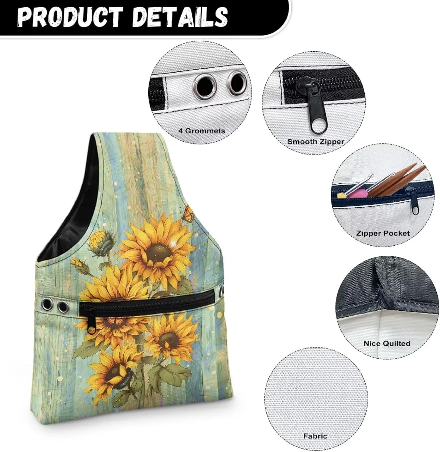 Babrukda Crochet Bag Storage Organizer, Retro Sunflower Plank Print Yarn Bag, Knitting Tote Bag, Craft Kits Bag, Yarn Holder for Crochet Accessories, Handbag for Daily Travel Beach, Small