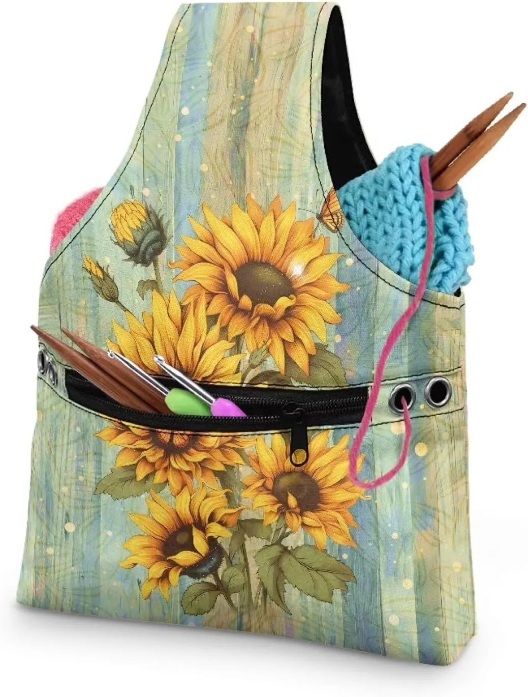 Babrukda Crochet Bag Storage Organizer, Retro Sunflower Plank Print Yarn Bag, Knitting Tote Bag, Craft Kits Bag, Yarn Holder for Crochet Accessories, Handbag for Daily Travel Beach, Small