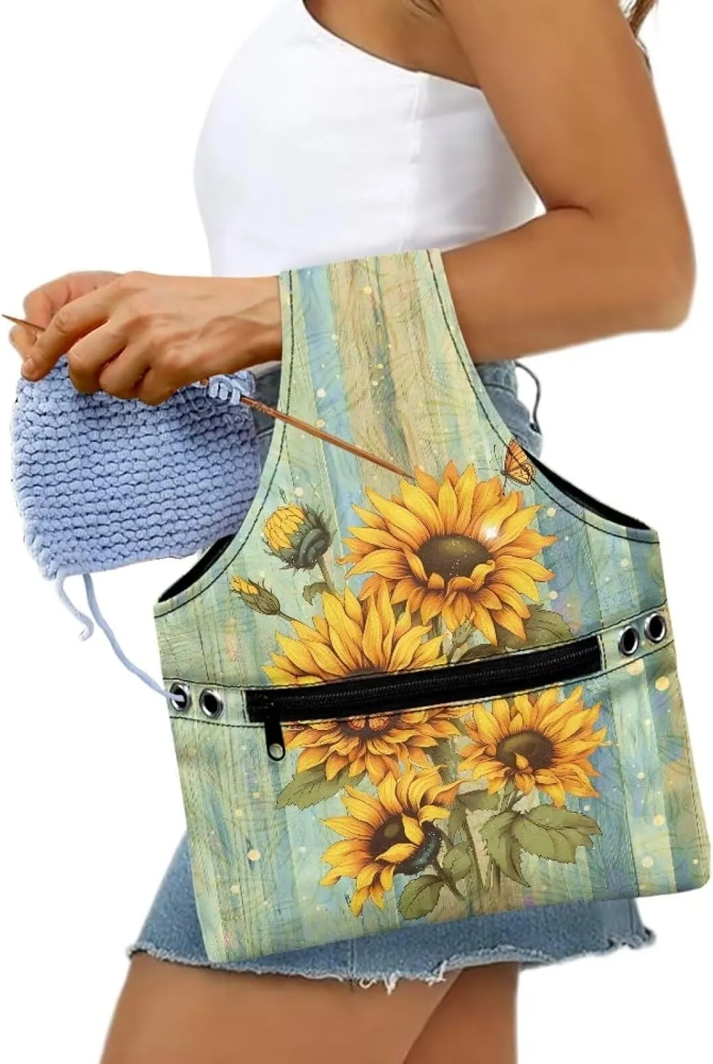 Babrukda Crochet Bag Storage Organizer, Retro Sunflower Plank Print Yarn Bag, Knitting Tote Bag, Craft Kits Bag, Yarn Holder for Crochet Accessories, Handbag for Daily Travel Beach, Small