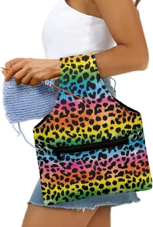 Babrukda Yarn Bag Small Crochet Bag Tote Yarn Storage Organizer Leopard Print Colorful Print Yarn Holder with Handles Knitting Bag Craft Kits Bag Embroidery Project Bag Needlework Tool Bag Handbag