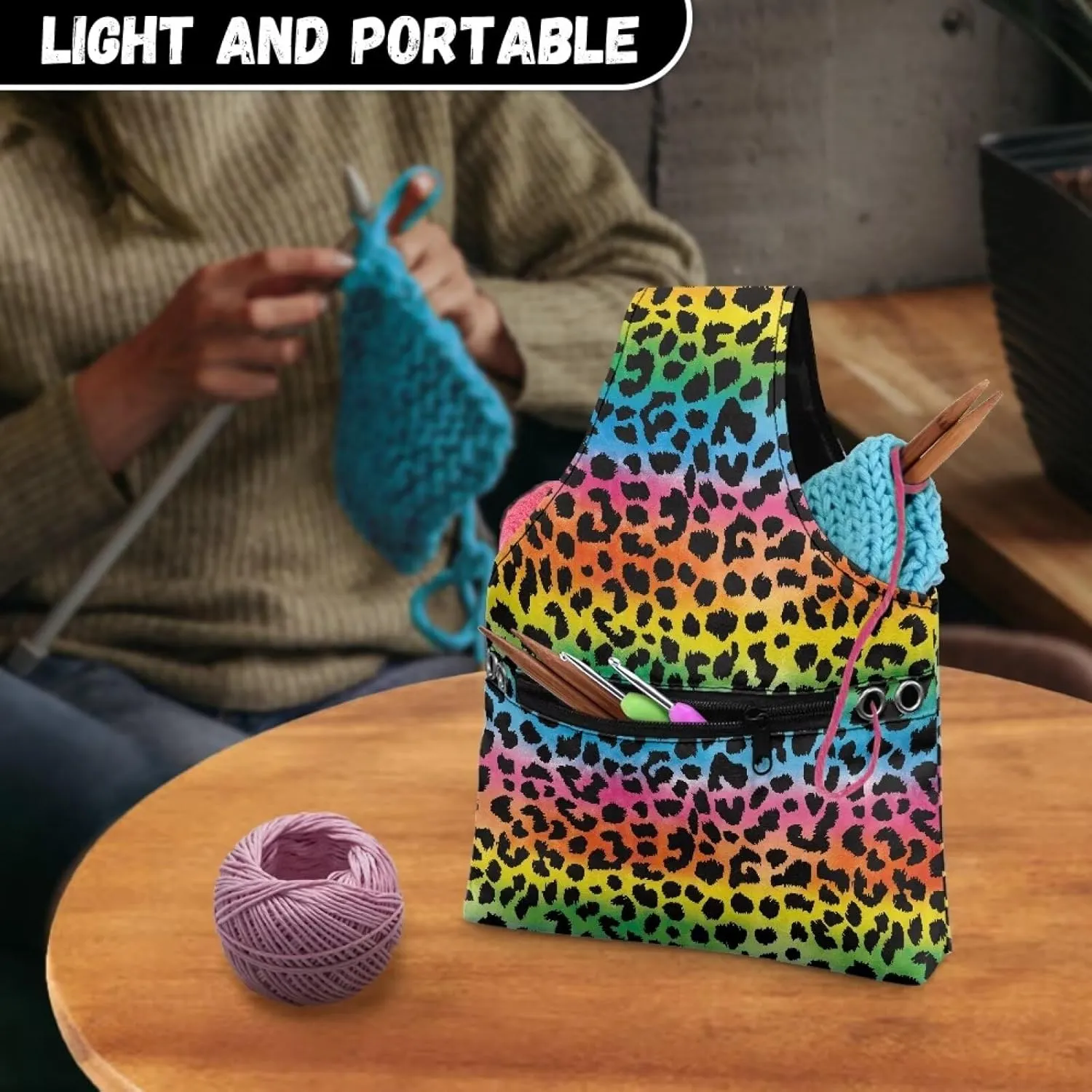 Babrukda Yarn Bag Small Crochet Bag Tote Yarn Storage Organizer Leopard Print Colorful Print Yarn Holder with Handles Knitting Bag Craft Kits Bag Embroidery Project Bag Needlework Tool Bag Handbag
