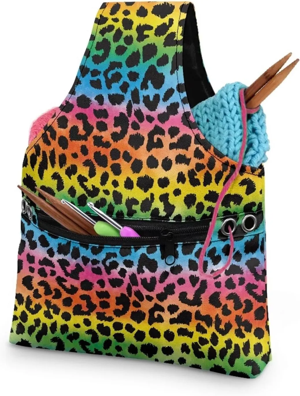 Babrukda Yarn Bag Small Crochet Bag Tote Yarn Storage Organizer Leopard Print Colorful Print Yarn Holder with Handles Knitting Bag Craft Kits Bag Embroidery Project Bag Needlework Tool Bag Handbag