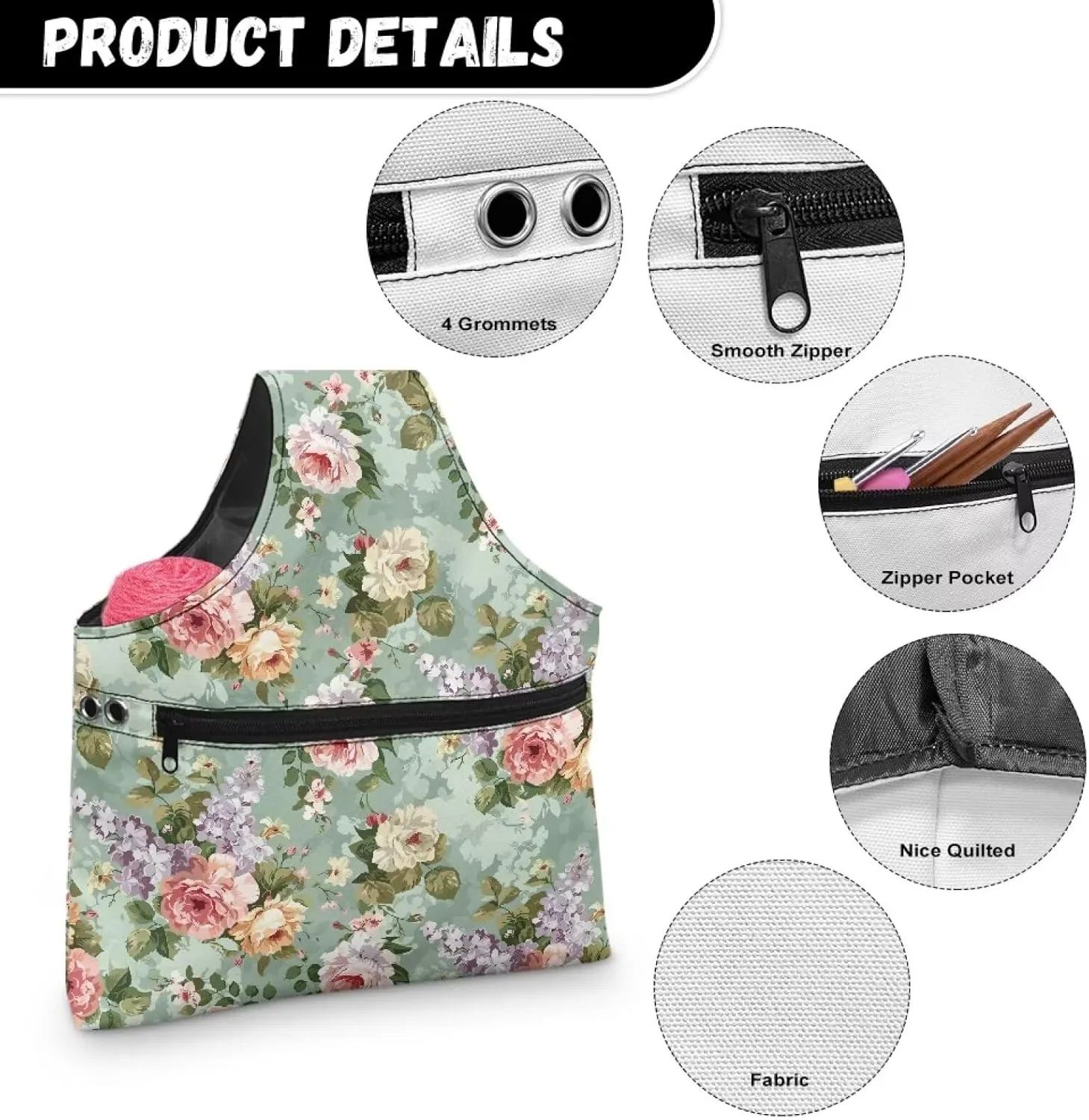 Babrukda Yarn Bag Yarn Storage Organizer Yarn Holder Crochet Bag with Handles Knitting Tote Bag Craft Kits Bag Embroidery Carrying Bag Needlework Tool Bag Floral Pattern Handbag L
