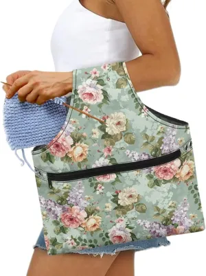 Babrukda Yarn Bag Yarn Storage Organizer Yarn Holder Crochet Bag with Handles Knitting Tote Bag Craft Kits Bag Embroidery Carrying Bag Needlework Tool Bag Floral Pattern Handbag L
