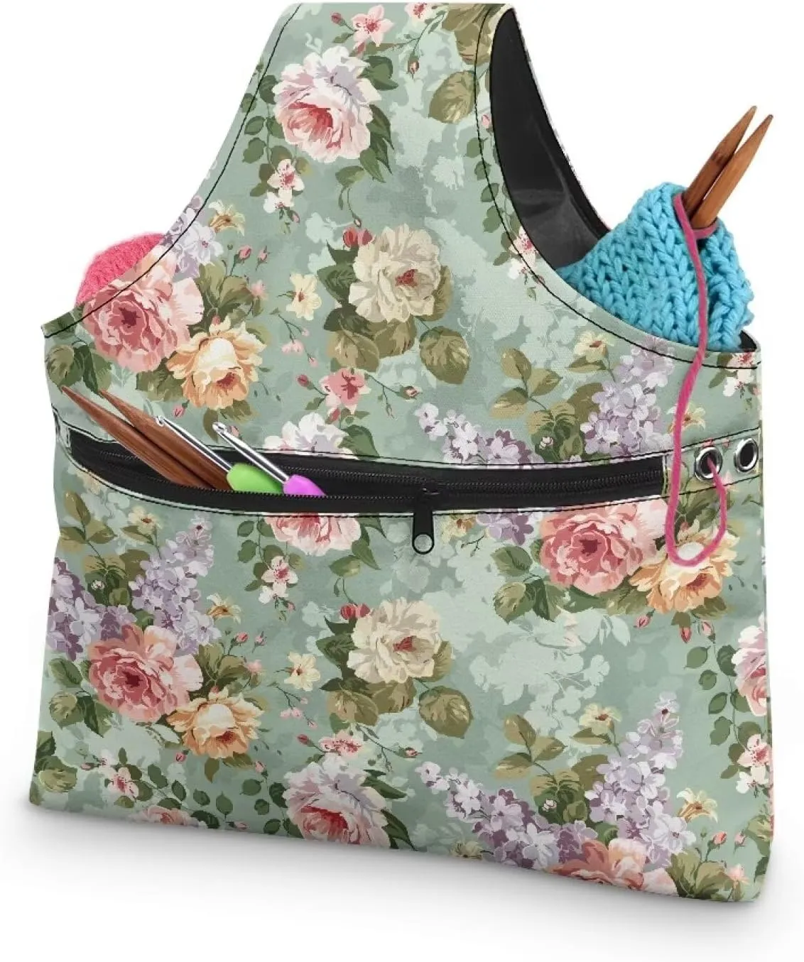 Babrukda Yarn Bag Yarn Storage Organizer Yarn Holder Crochet Bag with Handles Knitting Tote Bag Craft Kits Bag Embroidery Carrying Bag Needlework Tool Bag Floral Pattern Handbag L