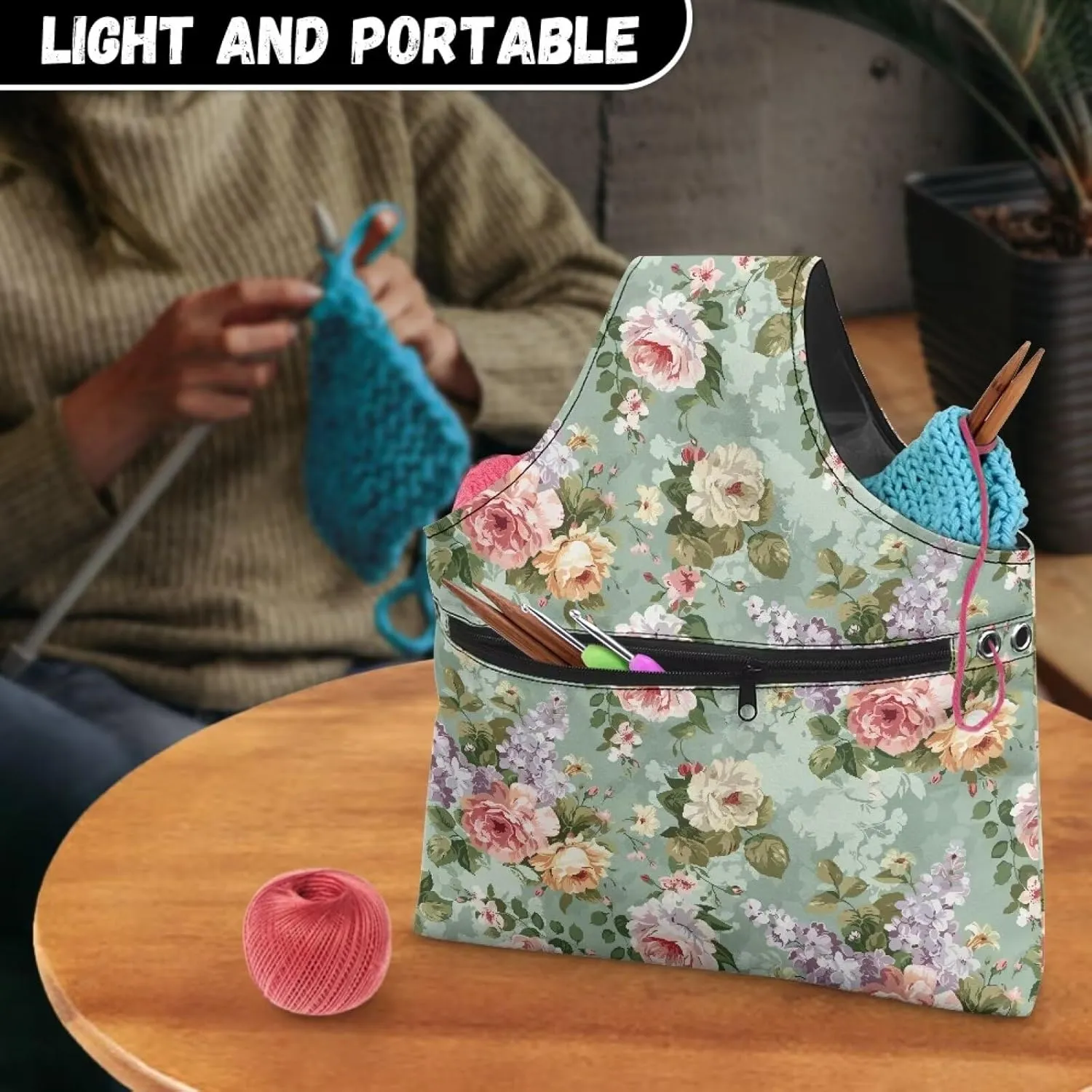 Babrukda Yarn Bag Yarn Storage Organizer Yarn Holder Crochet Bag with Handles Knitting Tote Bag Craft Kits Bag Embroidery Carrying Bag Needlework Tool Bag Floral Pattern Handbag L