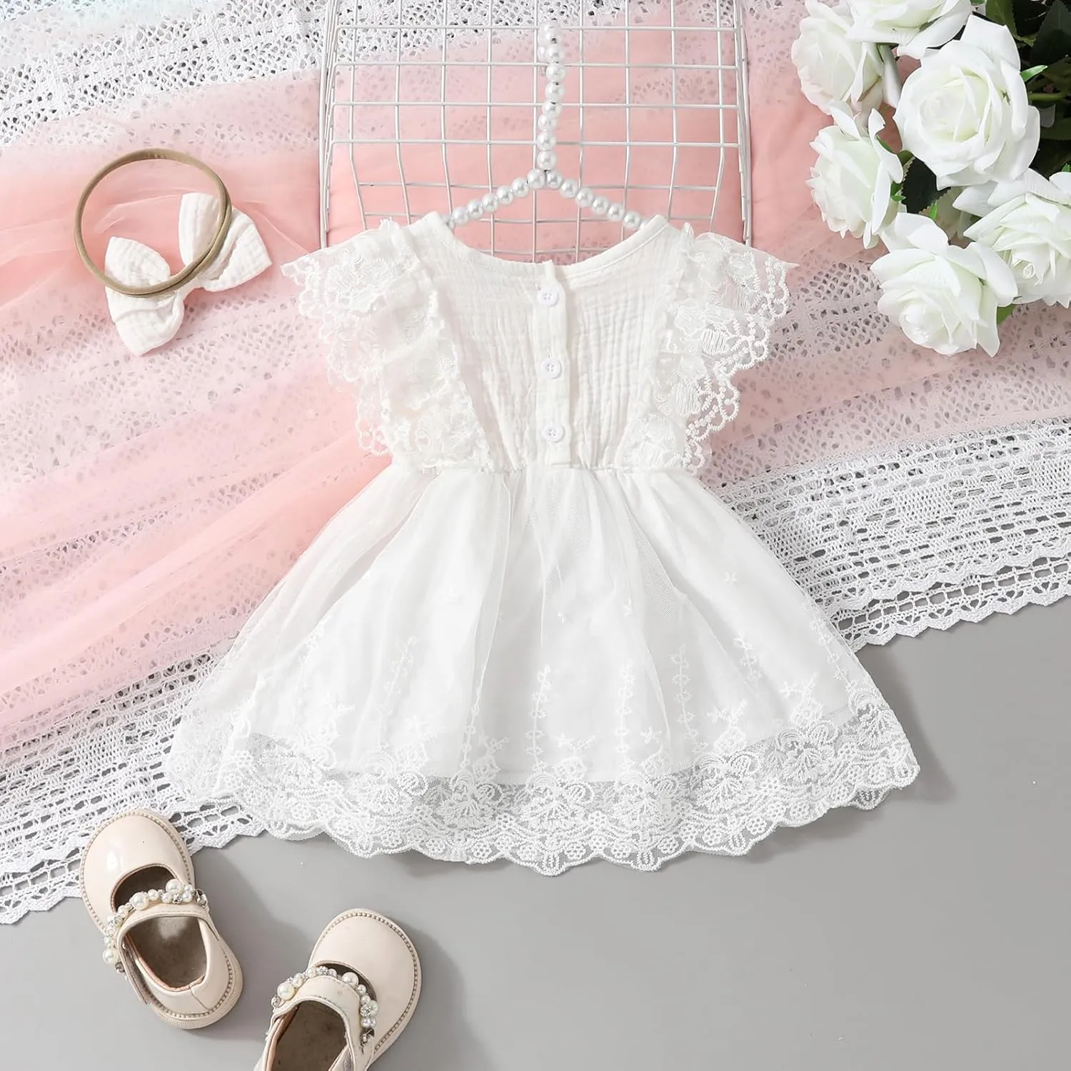 Baby Girl Dress Sleeveless Crew Neck Lace Flower Dresses Toddler Infant Wedding Church Outfit