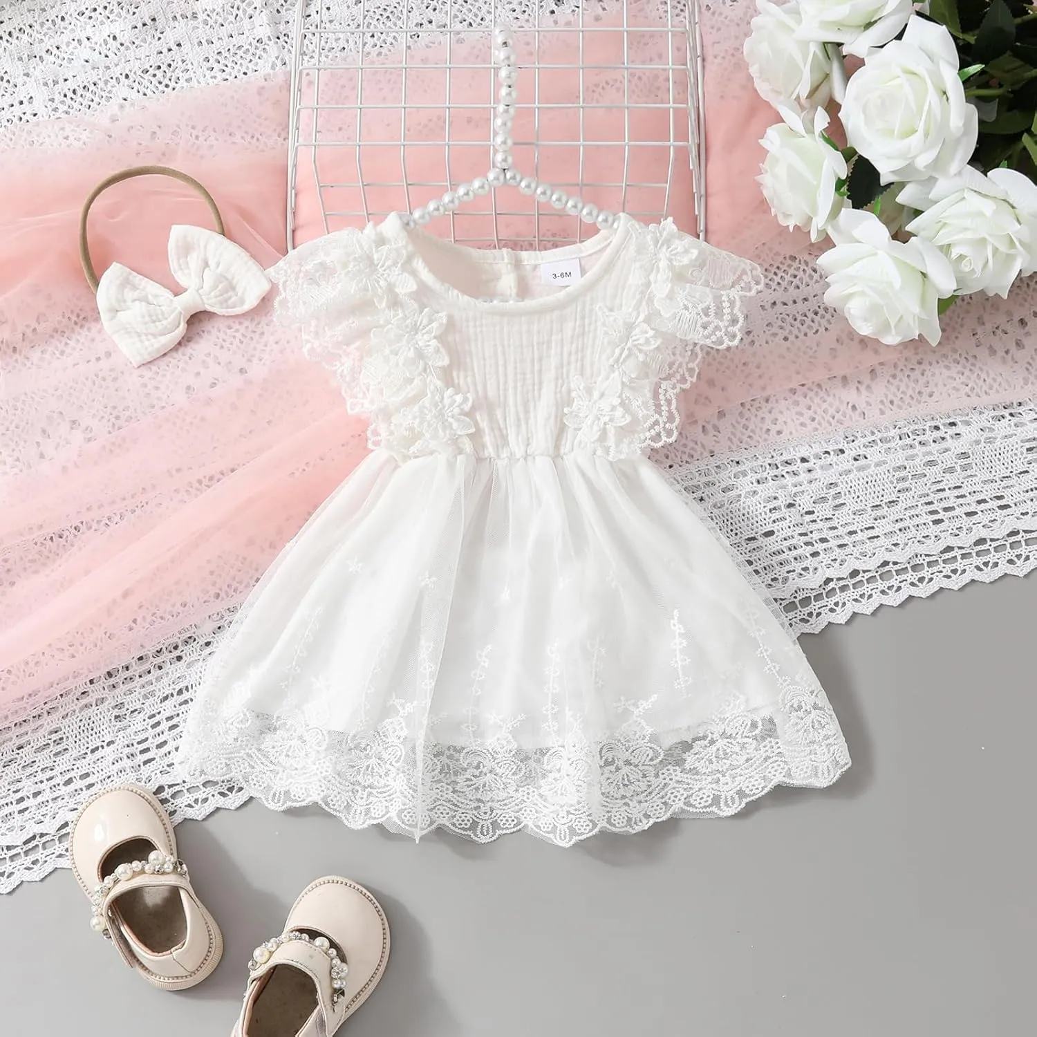 Baby Girl Dress Sleeveless Crew Neck Lace Flower Dresses Toddler Infant Wedding Church Outfit