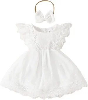 Baby Girl Dress Sleeveless Crew Neck Lace Flower Dresses Toddler Infant Wedding Church Outfit