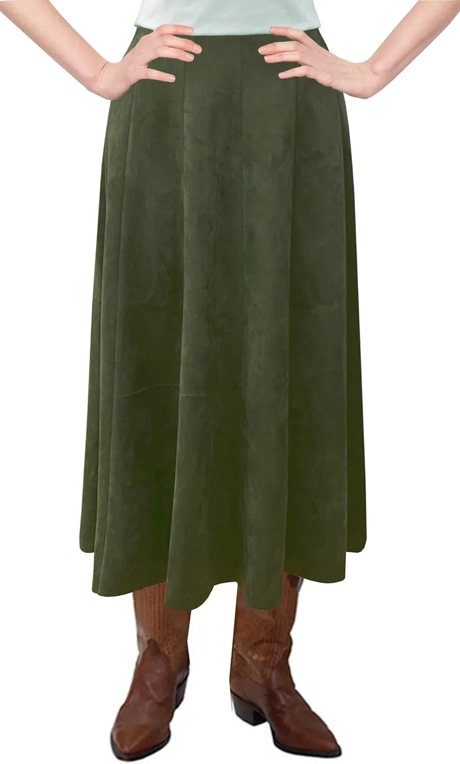 Baby'O Womens Midi Length Faux Suede Western Style Stretch Panel Flare Skirt