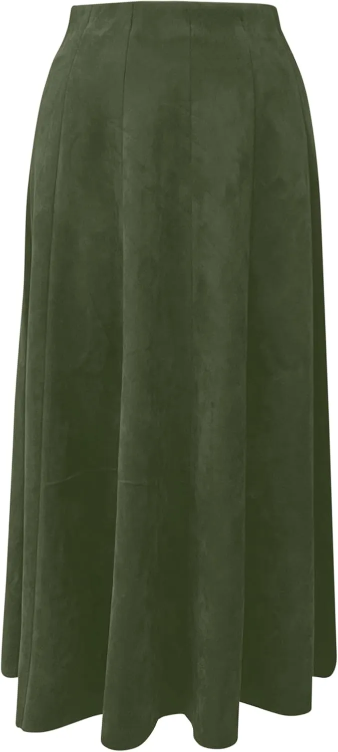 Baby'O Womens Midi Length Faux Suede Western Style Stretch Panel Flare Skirt