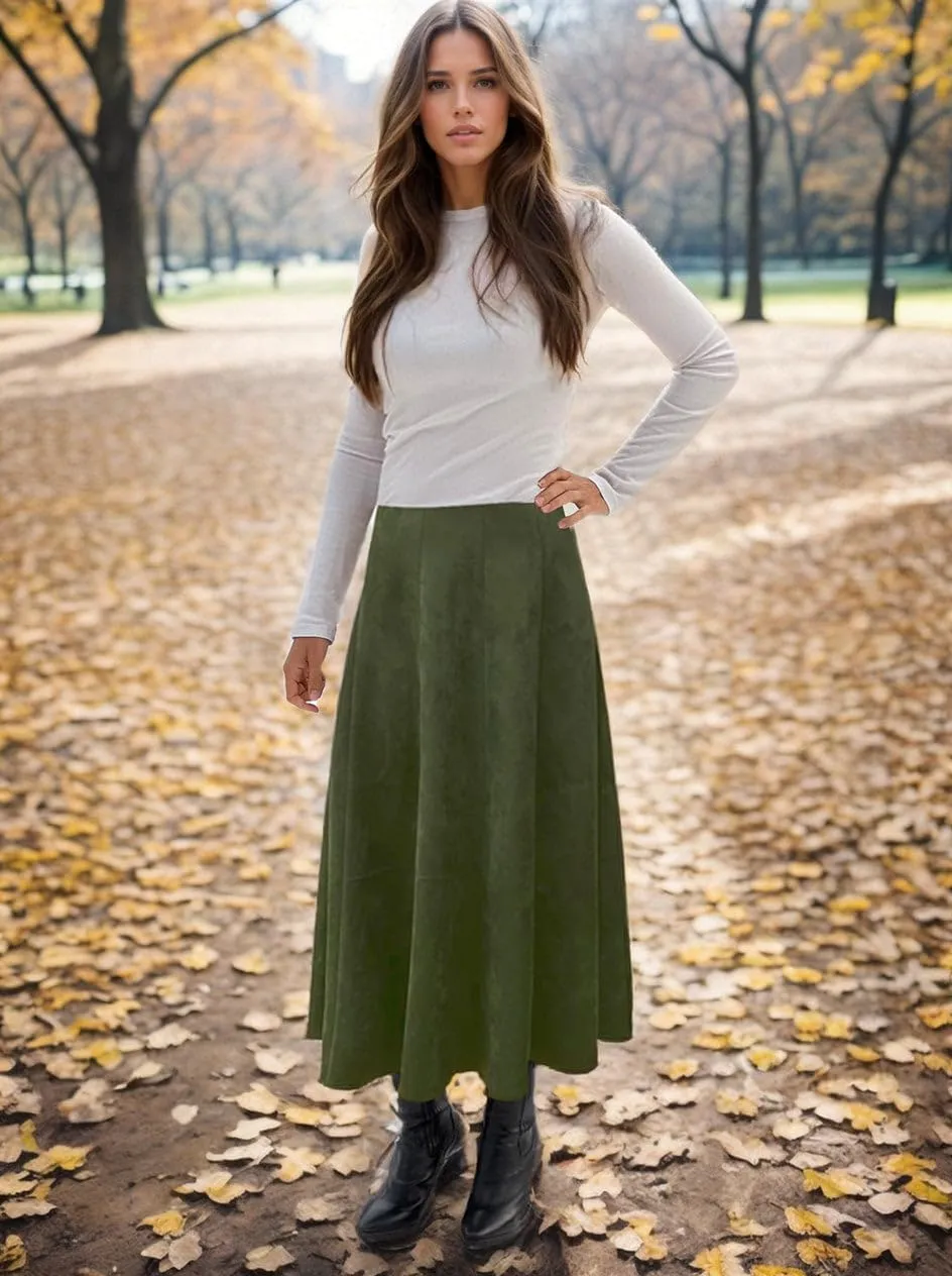 Baby'O Womens Midi Length Faux Suede Western Style Stretch Panel Flare Skirt